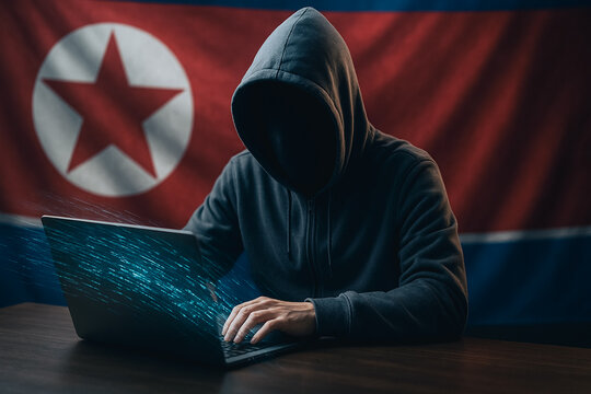 Cyber Espionage: An anonymous figure in a hooded sweatshirt intensely uses a laptop, the North Korean flag forming a dramatic backdrop, highlighting the risks of digital espionage and cyber threats.