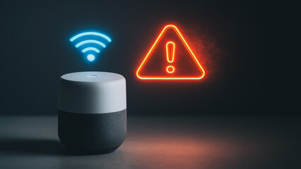 Smart Speaker's Connectivity Issues: A high-tech smart speaker on a dark surface shows an ominous alert symbol alongside a faint wifi symbol, hinting at connection problems. 