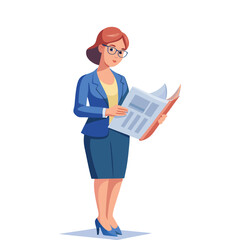 Businesswoman reading financial newspaper, professional female investor analyzing market news, corporate woman in office, business finance concept, vector illustration for business themes.