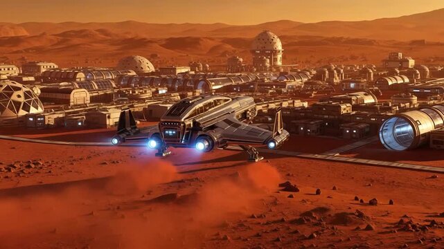 A spaceship flying into a futuristic city on the red planet of Mars