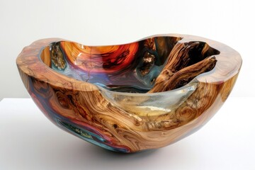 Fototapeta premium Colorful resin fills natural wood grain in large wooden bowl, creating a unique and artistic piece