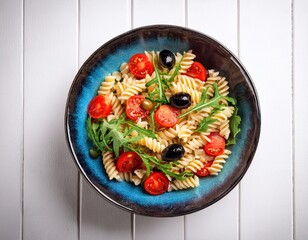 Colorful pasta salad is beautifully served in a blue bowl, featuring spiral pasta, red tomatoes, black olives, and green leaves on white wood.