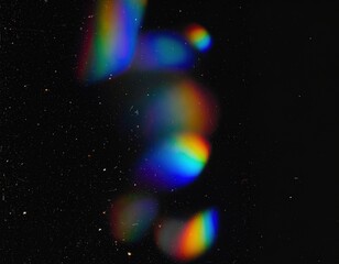 Vibrant luminous shapes of light drift and glow with a full spectrum of colors on a dark cosmic background filled with tiny glowing specks.