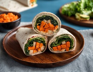 Three wholesome vegetable wraps are carefully displayed on a wooden plate, revealing their vibrant sweet potato and fresh green leaf contents.