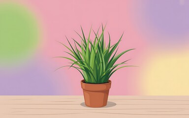 Green potted grass plant on wooden surface against colorful background