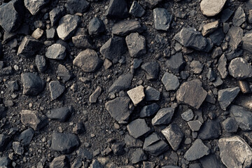 Rough dark coal pieces and natural stone fragments are widely scattered on the ground, creating an uneven natural texture and dark background.