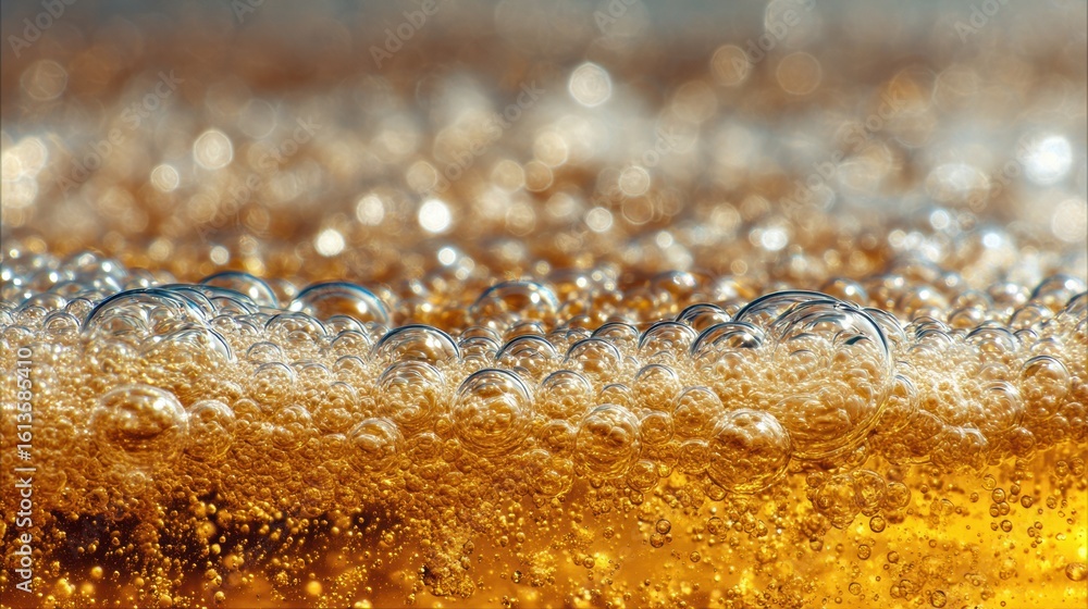 Poster golden beer surface with sparkling foam and blurred background creates a refreshing atmosphere perfe