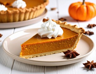 Golden slice of pumpkin pie topped with fluffy whipped cream rests on a simple plate. A whole pumpkin pie and decorative gourds are in the soft focus background.