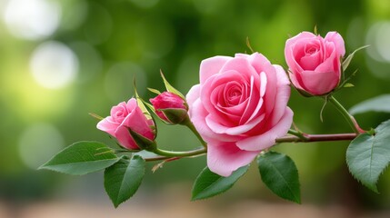 Beautiful pink roses blooming on a blurred green background