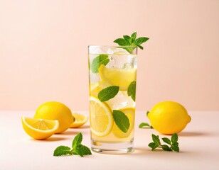 Tall glass of refreshing lemonade stands on a surface, surrounded by fresh lemons and mint leaves, offering a cool citrus drink.