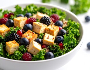 Vibrant salad features fresh green kale, golden tofu, and a colorful mix of berries and quinoa, neatly arranged in a white bowl.