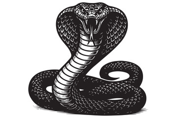 Fototapeta premium black and white venomous snake with spread hood, coiled cobra pose, intricate snake detailing, serpent tattoo design
