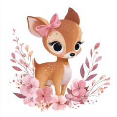 Naklejka premium Cute Cartoon Deer with Bow Surrounded by Pink Flowers and Leaves
