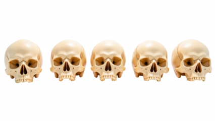 Realistic human skulls arranged in row, showcasing intricate details and textures. Ideal for educational purposes or artistic projects