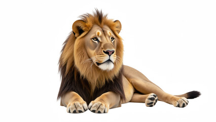 Fototapeta premium Majestic lion resting on ground, showcasing its impressive mane and powerful physique. animal exudes sense of calm and strength