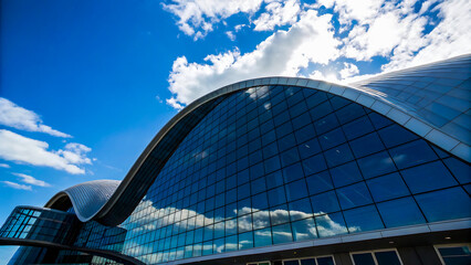 Architectural building with reflective glass facade under a blue sky
