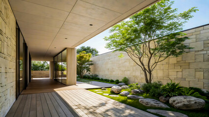 Architectural walkway with tranquil japanese inspired courtyard garden