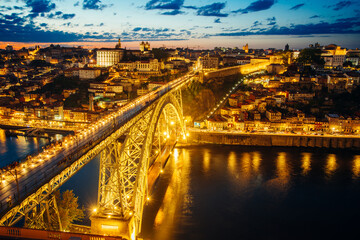 Night View of Dom Luis I Bridge and Illuminated Cityscape of Porto, Portugal