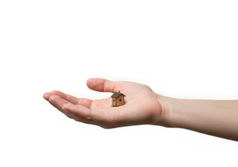 House model resting on human open palm on transparent background