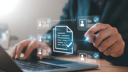 A person uses a laptop with document and profile icons with checkmarks around