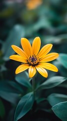 Vibrant yellow wildflower blooming with radiant petals against a soft, blurred green background, capturing the delicate beauty of nature's intricate floral design