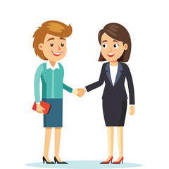 Fototapeta premium Confident businesswoman shaking hands sealing a deal, professional corporate woman agreement, successful partnership, business handshake vector illustration, teamwork, leadership concept.