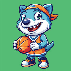 Blue cartoon wolf wearing basketball attire holding a ball