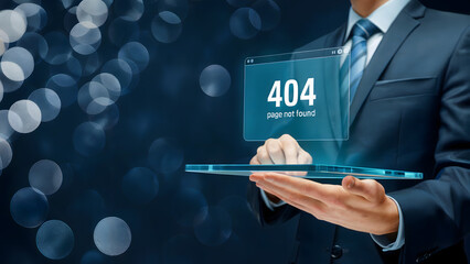 Man in suit holding tablet displaying error message against bokeh background