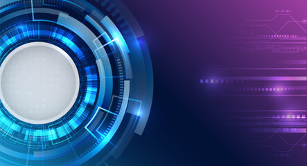 Futuristic digital technology background with glowing circular HUD elements and data lines. Sci-fi interface design with abstract circuits, perfect for high-tech and innovation themes.