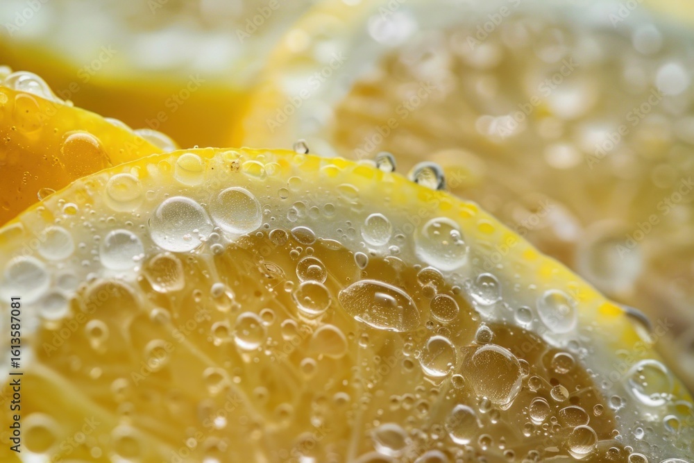 Poster close up macro photograph of fresh lemon slices with sparkling water drops, creating a refreshing an
