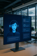 AI virtual assistant chatbot interface on modern desktop monitor inside contemporary tech office setup