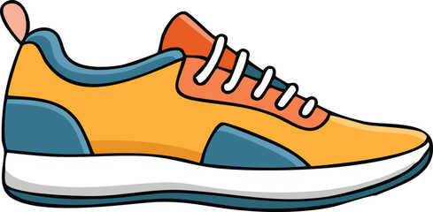 A vibrant, cartoon-style running shoe with orange, teal, and red accents.