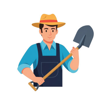 Smiling farmer in straw hat holds shovel, ready for work.