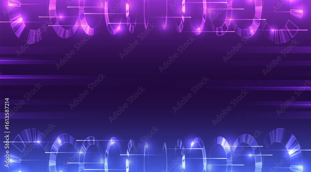 Poster futuristic background with glowing digital rings and motion blur on a purple-blue gradient. perfect 