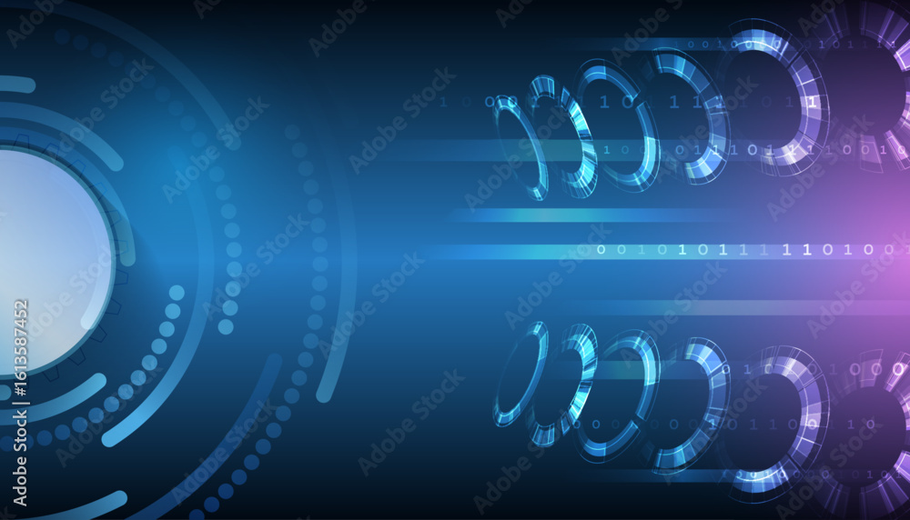 Poster futuristic background with glowing digital rings and motion blur on a purple-blue gradient. perfect 