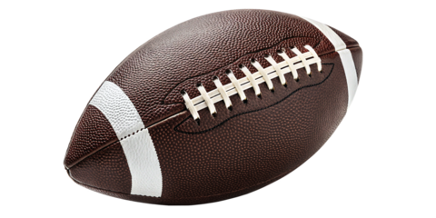 Photo of a detailed closeup of a brown american football with white laces, isolated on a transparent background