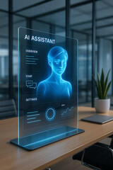 AI virtual assistant chatbot interface on modern desktop monitor inside contemporary tech office setup