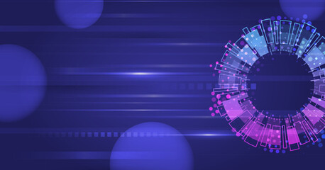 Futuristic circular interface on a blue and purple background with glowing lines and abstract elements. Ideal for technology, sci-fi themes, or digital data presentations.