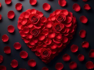 A Beautiful Heart Shape Formed By Red Rose Petals And A Few Red Roses With Scattered Red Rose Petals Around It On A Dark Blue Background Symbolizing Love And Romance