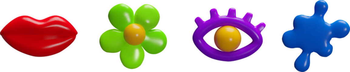 3D objects: red lips, green flower, purple eye, blue blot. Abstract shapes for kids design.