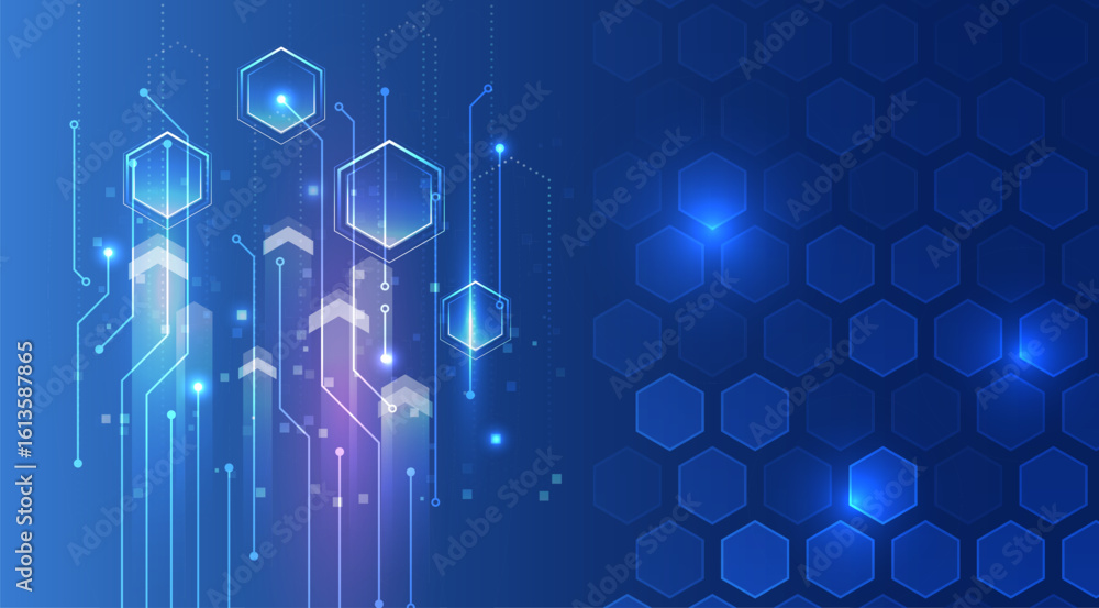 Poster abstract technological background consisting of hexagons, circuit board and glowing stripes on blue 