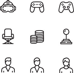 Gaming and business vector icon set outline style vr headset,gamepad,director chair,money,gearshift,business people,video games,success,industry,job,career,office