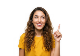 Woman pointing upwards with happy expression on transparent background