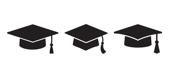 Three black graduation caps in silhouette style isolated on white background