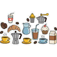 Colorful hand-drawn vector set of coffee and breakfast doodles for cafe menu design