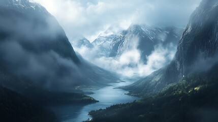 Fototapeta premium Magnificent Glacial Mountain Landscape with Serene Lake and Misty Cliffs in Remote Alpine Wilderness