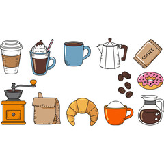 Vector set of colorful hand-drawn coffee and breakfast doodles for cafe menu