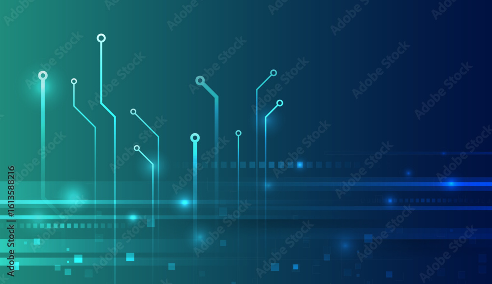 Poster abstract technology background with glowing circuit lines and binary grid in blue-green gradient. id