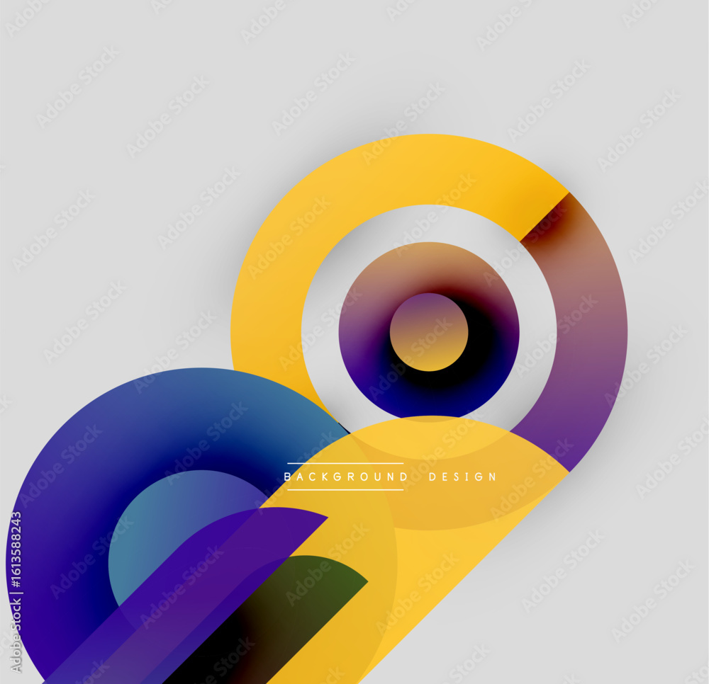 Poster abstract colorful shapes overlap. dynamic composition features gradients, curves, circles. modern de