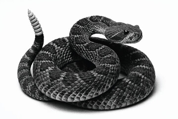 Obraz premium black and white rattlesnake poised to strike, rattler tail raised, detailed scales and sharp fangs, dangerous serpent art